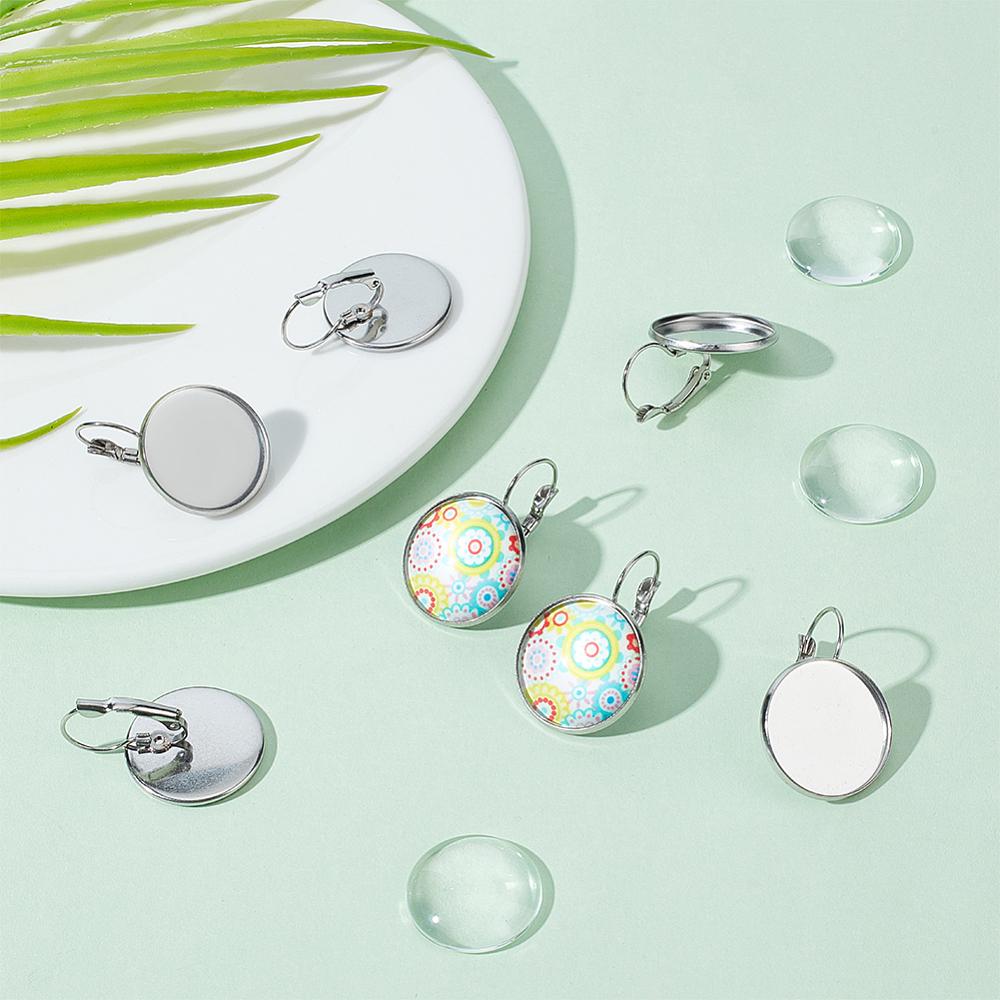 20Pcs 304 Stainless Steel Leverback Earring Findings with Flat Round Setting with 20Pcs Transparent Glass Cabochons Stainless Steel Color Tray: 20mm