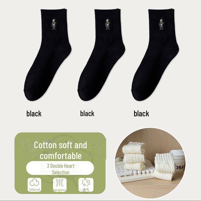 Men's Embroidered Long Cotton Socks - Autumn/Winter Mid-Tube Solid Color Sports Socks with Japanese Sunglasses Design.