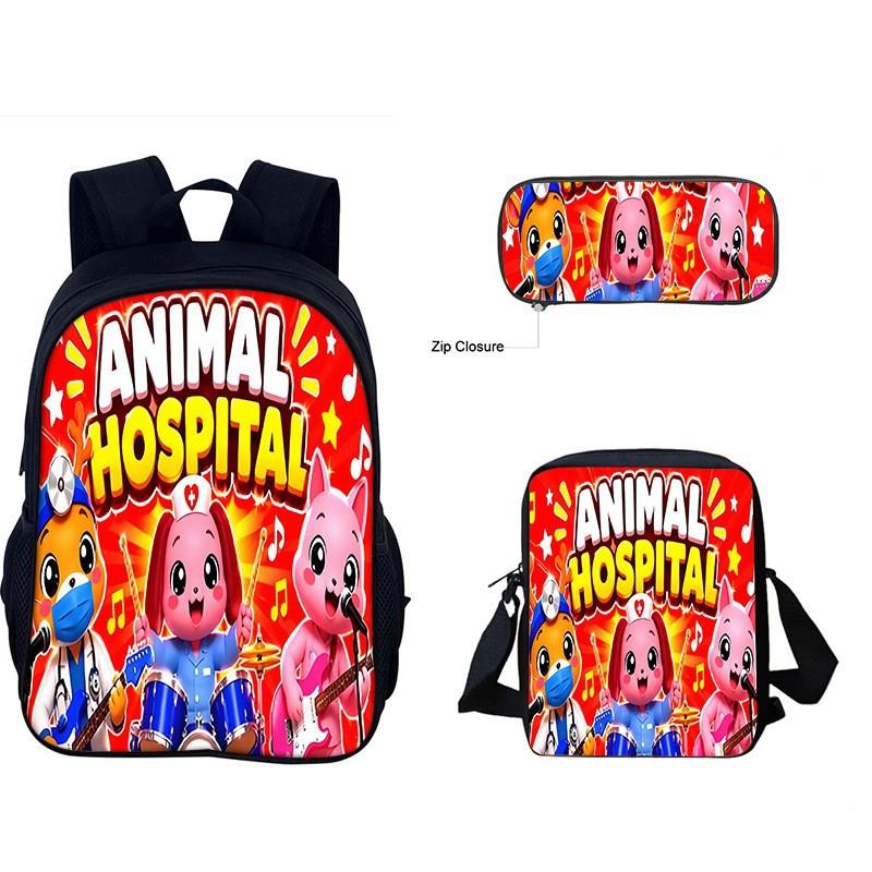 Kids Animal Hospital Themed School Backpack Set With Crossbody Bag Pencil Case Elementary Students