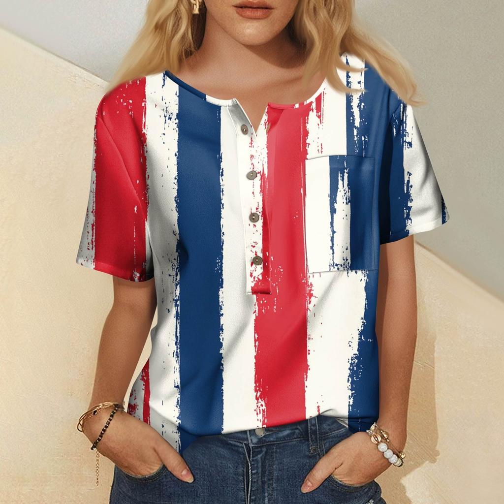 Women's Fashion Casual Short Sleeve Print Round Neck Pullover Top Blouse