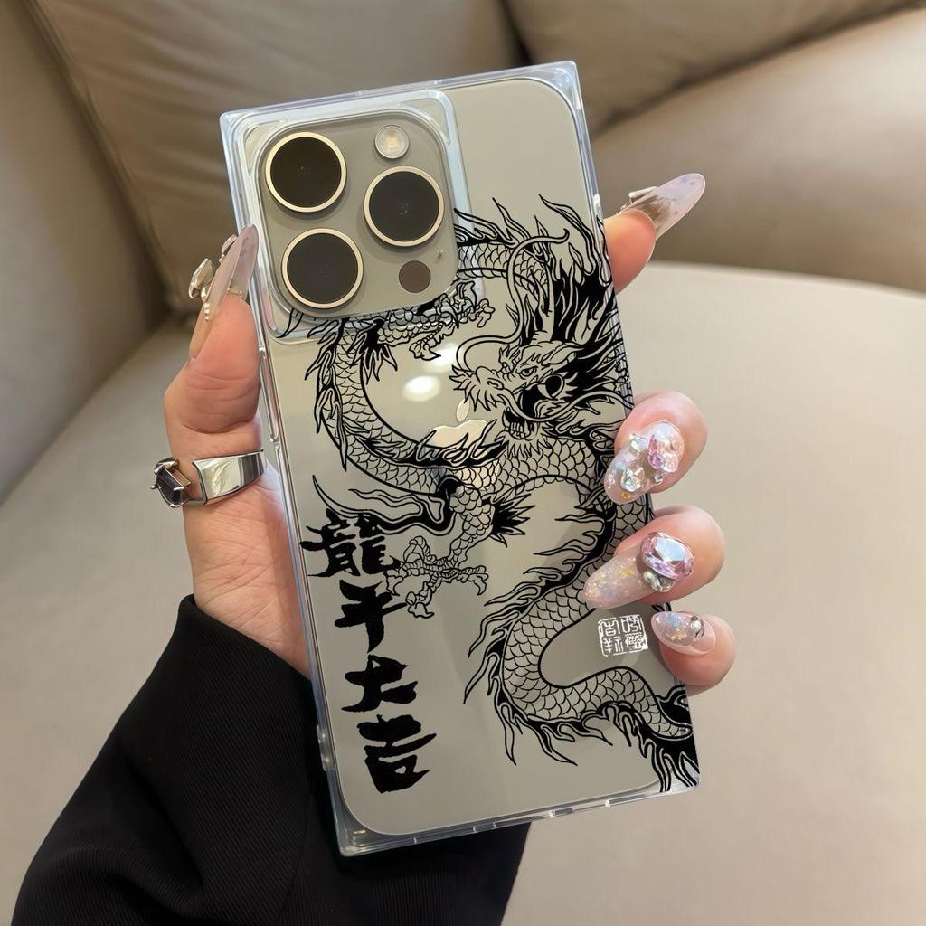 Transparent Square Back Tube Case Casing Protection For iPhone 11 16 ProMax 14 Pro Max 12 15 Plus 13 Anti-Oxygen,Fierce Dragon Pattern