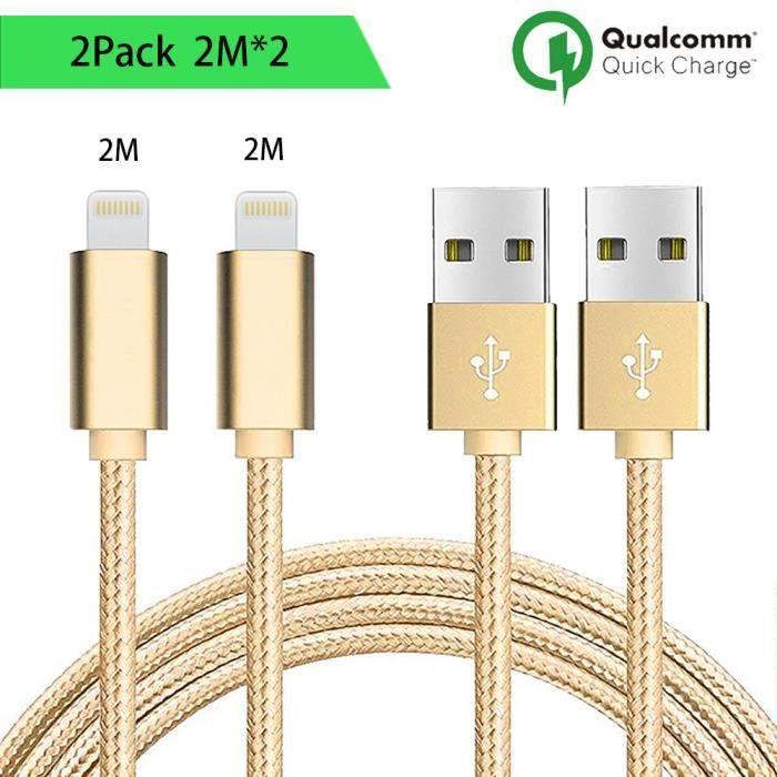 Câble pour iPhone - Non spécifié - Lot de 2 - 2M - Nylon Doré - Compatible avec plusieurs modèles