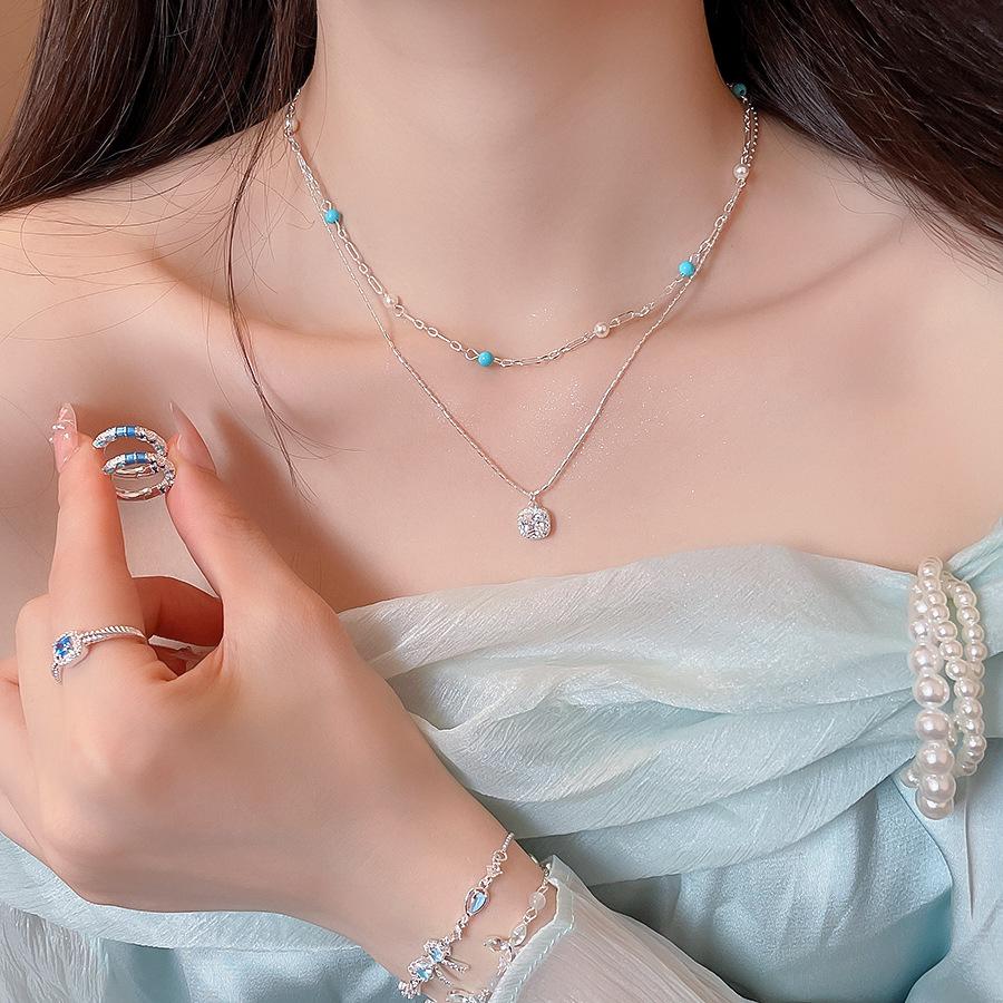 Luxury Double-Layer Pearl Zirconia Square Geometric Necklace - Versatile Clavicle Chain for Chic Commuting