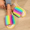 Fashion Fashion Cotton Slippers Mix Color Fur Slippers Women 2025 Open Toe Flat Heel Warm House Slippers Woman Lightweight Indoor Slides