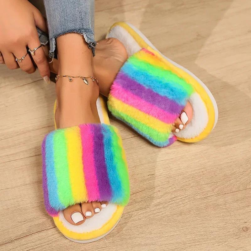Fashion Fashion Cotton Slippers Mix Color Fur Slippers Women 2025 Open Toe Flat Heel Warm House Slippers Woman Lightweight Indoor Slides