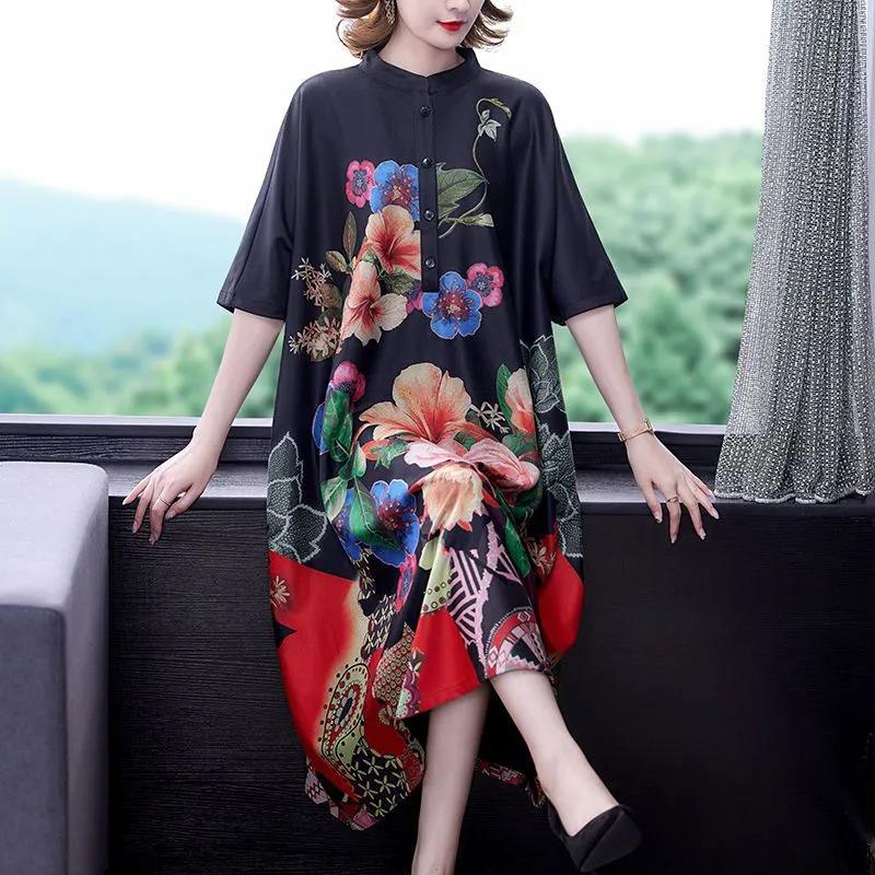 Women's Black Floral Print Midi Batwing Sleeve Loose Casual Party Dress