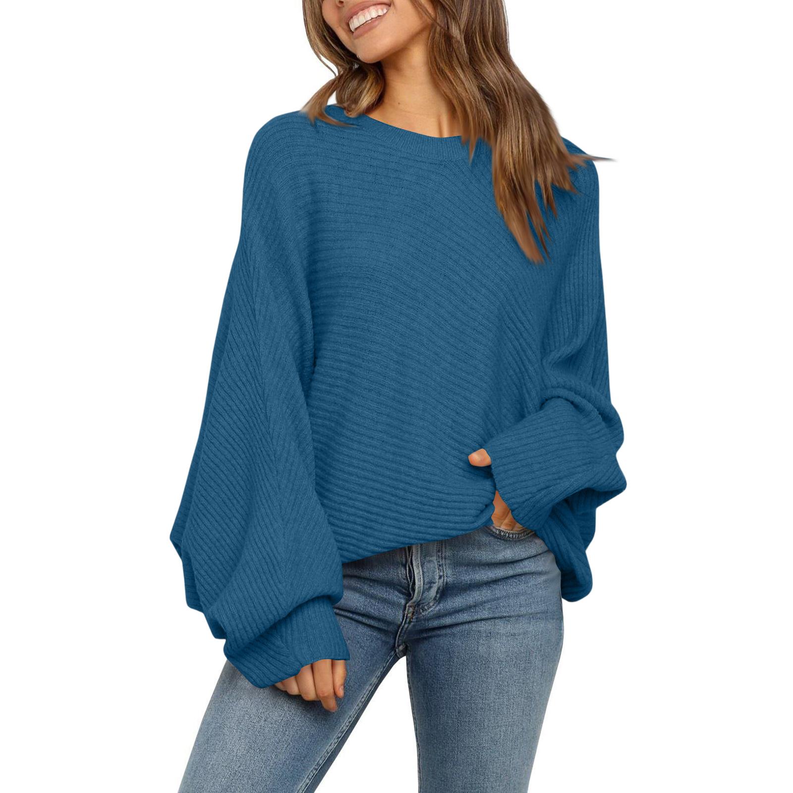 

Women s Round Neck Solid Color Loose Knitted Long-sleeved Top L синий