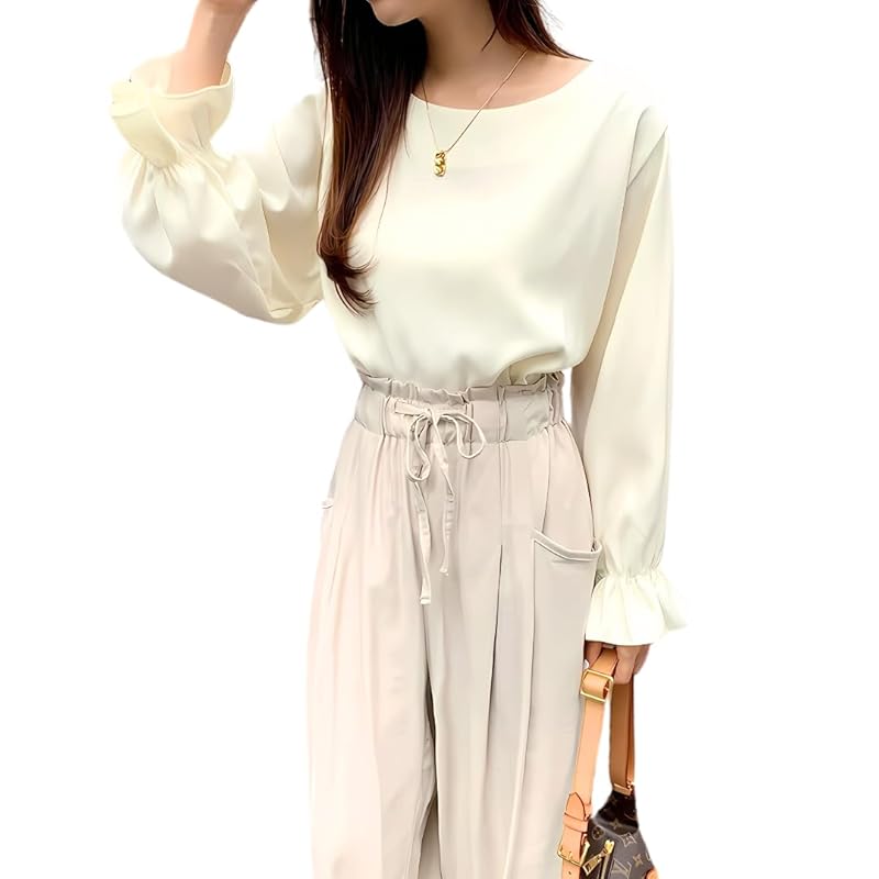 

[UQQA] puff sleeves blouse ladies simple spring long sleeve Elegant tunic tops pullover office casual natural Beautiful adult cute beauty white M