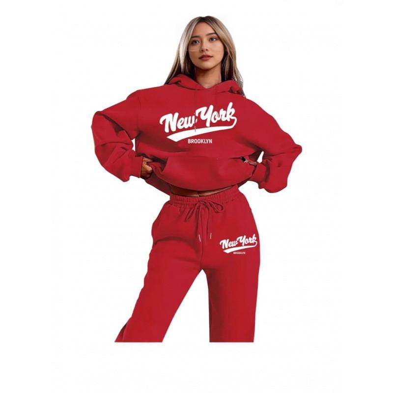 Womens 2026 New York Print Hooded Sweatshirt Set With Fleece-Lined Pants Fall Winter Outfit Streetwear Casual Tracksuit