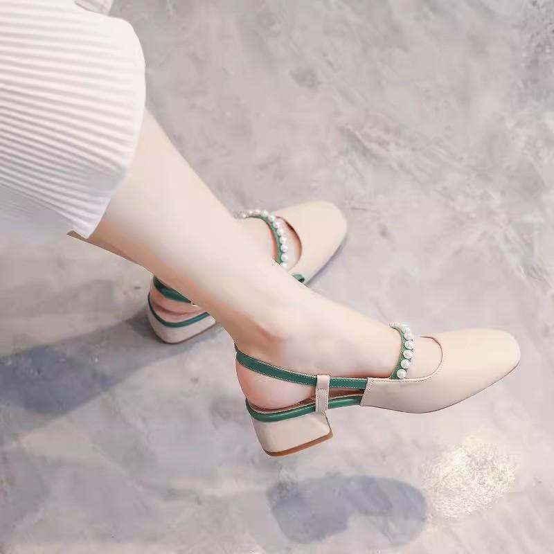 Fairy Wind Bag Head Sandals Female 2025 Summer Color Matching Pearl Mary Jane Thick Heel Square Head Medium Heel High Heel Sandals