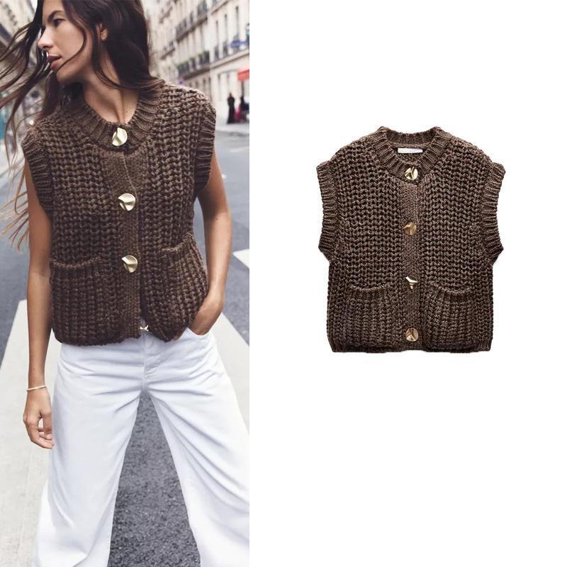 Fall and Winter New Women's Clothing Fashion Style Single Breasted Thick Needle Sleeveless round Neck Knitting Vest Waistcoat 5802114