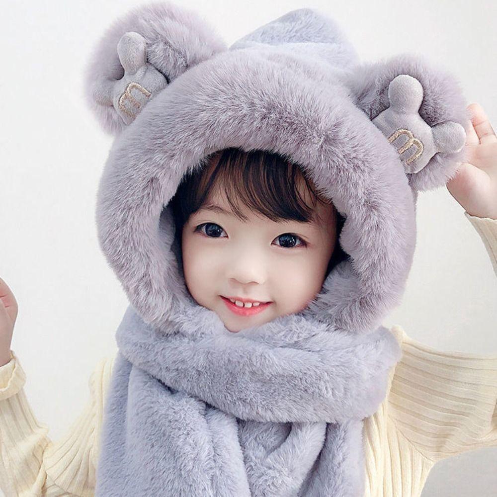 Winter Thick Hats Scarf Gloves Set With Long Scarf Warm Winter Plush Hooded Windproof Fluffy 3-in-1 Soft Hat Toddler