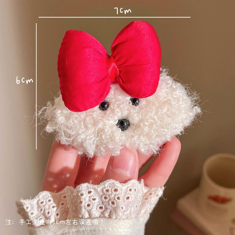 Cute Teddy Dog Plush Hair Clip With Red Blue Bowknot Cartoon Side Bangs Clip Hair Accessory For Girls Children Daily Wear