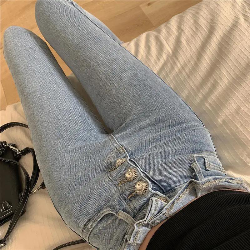WTEMPO Large Size Solid Color Jeans for Women In All Four Seasons Retro Tight Fitting High Waist Denim Pencil Pants
