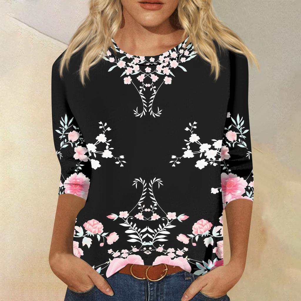 Dámská móda Ležérní tričko s kulatým výstřihem, 3/4 rukávem, volným potištěným tričkem, dámský top