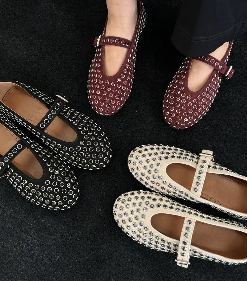 Migua Suede Crystal Mary Jane Flats with Rivets