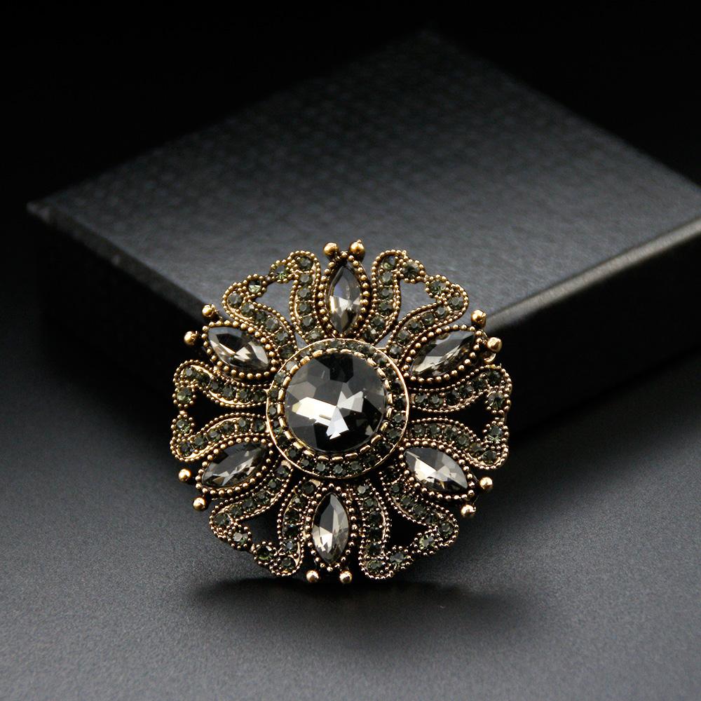 Vintage Gold Color Gray Crystal Round Bohemia Brooch For Women Jewelry Retro