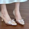 Bow High Heels Women's Spring Summer New Pointed Temperament Party Light Mouth Beige Stiletto Single Shoes