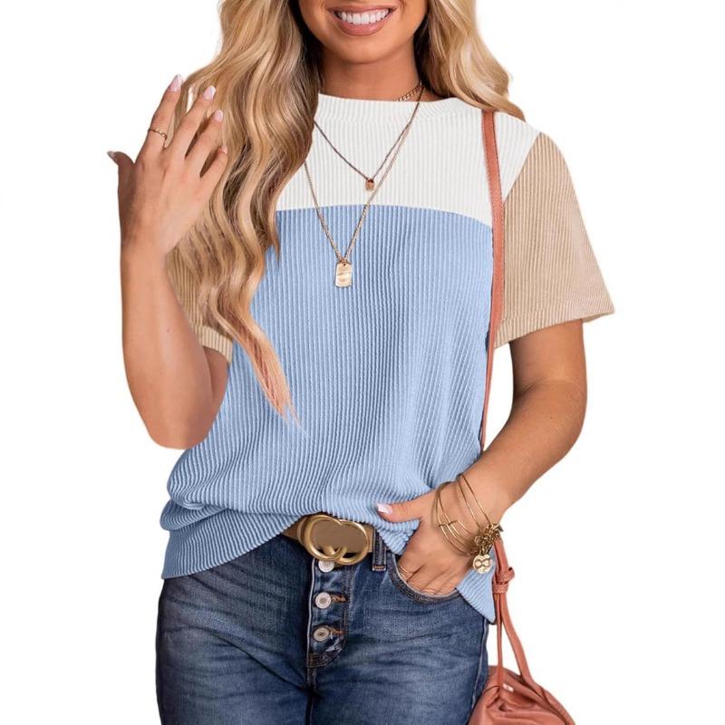 Women Color Block Striped Pullover Short Sleeve Crew Neck Casual T Shirt Top