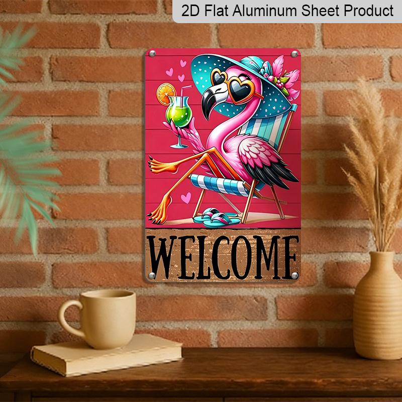 2D Country Modern English Aluminium Plaque Metal Sign, 8X12 Inch, "Welcome" Tropical Flamingo Beach Theme, Wall Decor, Summer Art for Home, Porch