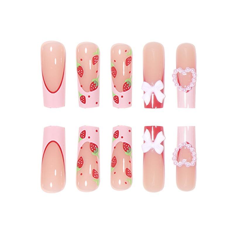 Valentine's Day Pink Peach Heart Bow Strawberry Long Water Pipe French European and American Fake Nails Sweet Wearing Nail Art Tablets