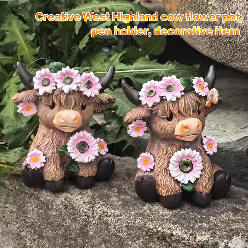 §Pastorales Design Schottisches Hochlandrind Harz Blumentopf Multifunktionales Kreatives Ornament Valentinstagsgeschenk Heim Schreibtisch Dekor