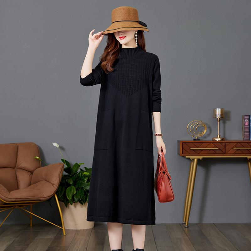 Half Turtleneck Knitted Dress for Women In Autumn and Winter Solid Color Loose Long Sweater Casual Women's Wear