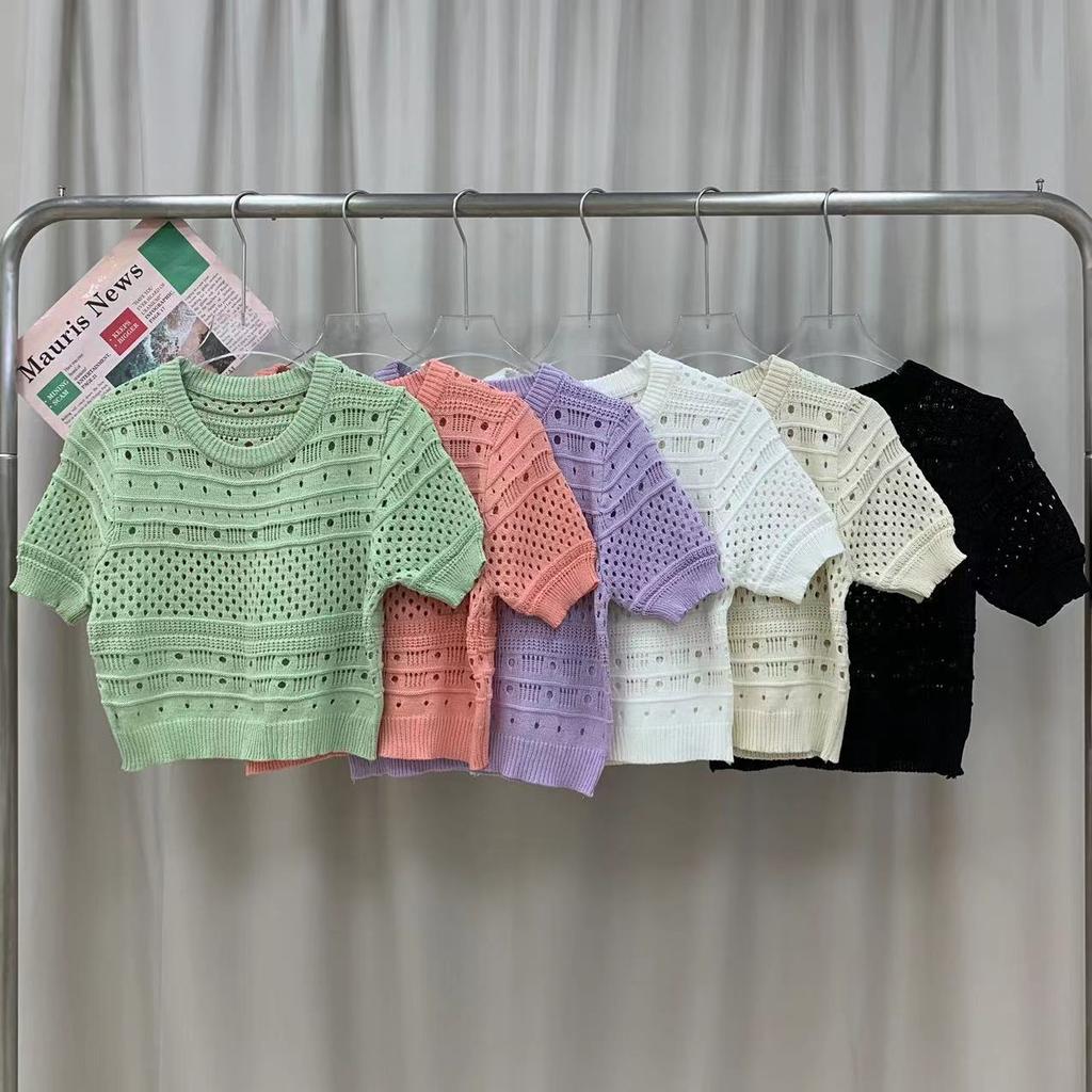 Design Printemps Été Sens du Design Creux Manches Bouffantes Style Étranger Pull Court en Maille Fin Polyvalent Col Rond Hauts Pulls Décontractés pour Femmes T-shirts