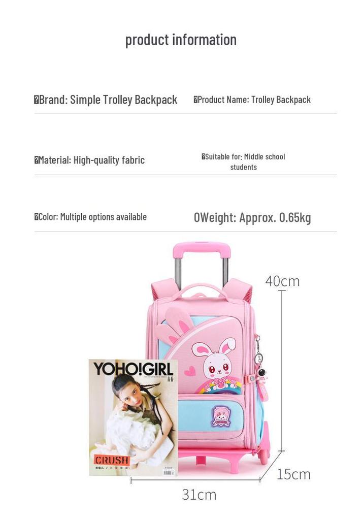 Large Capacity Trolley School Bag for Girls, Grades 3-6 - Stair Climbing & Detachable Design