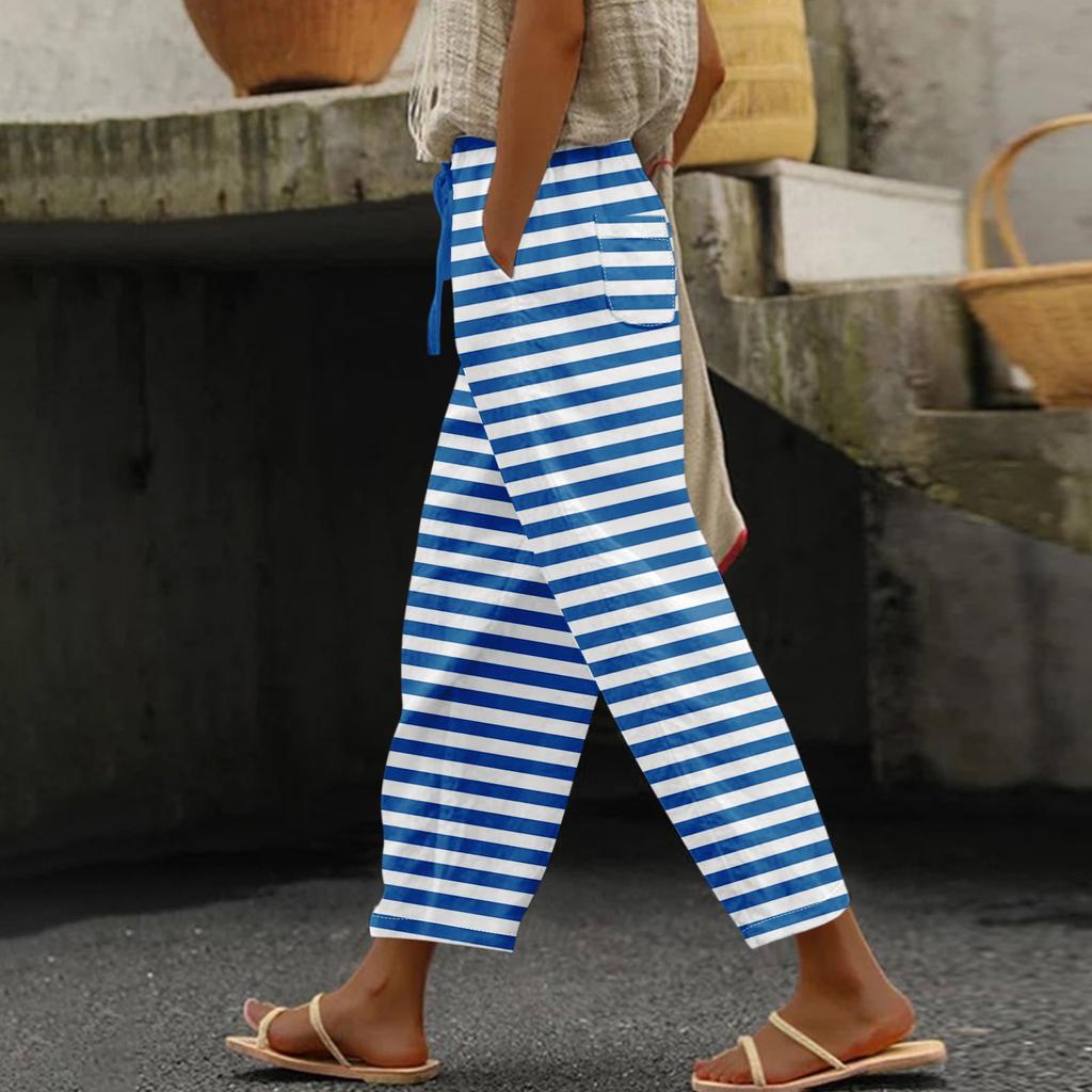 Damen Casual Hosen Modische Streifen Druck Casual Hosen Mit Taschen