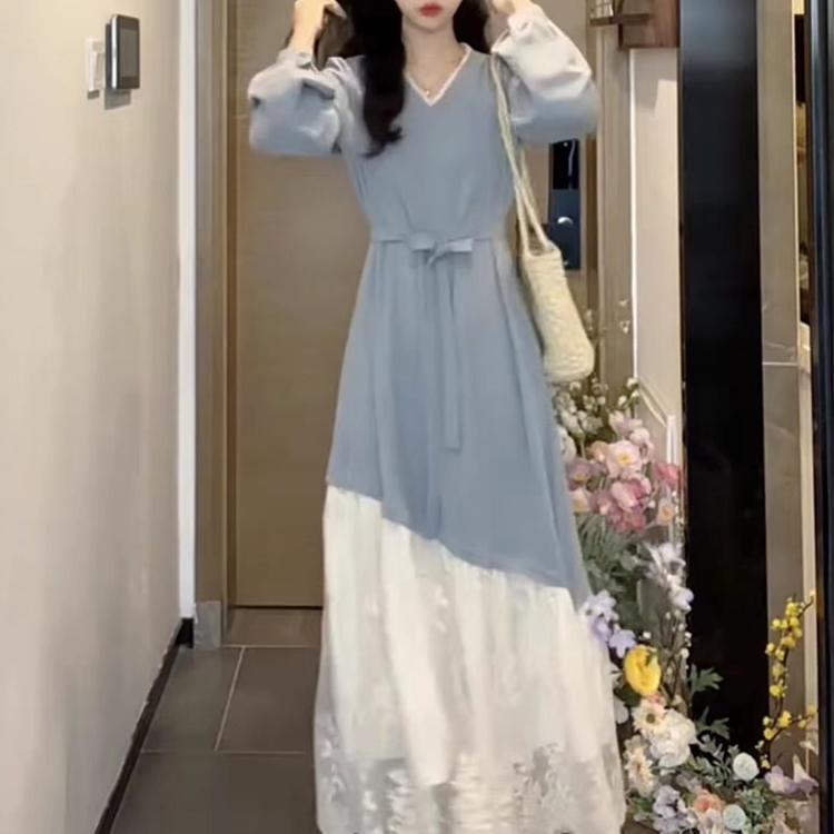 Herbst Französisches Temperament Spitzen-Patchwork-Kleid Damen Sanfter Stil Taillenbetonend High-End Langer Rock ins