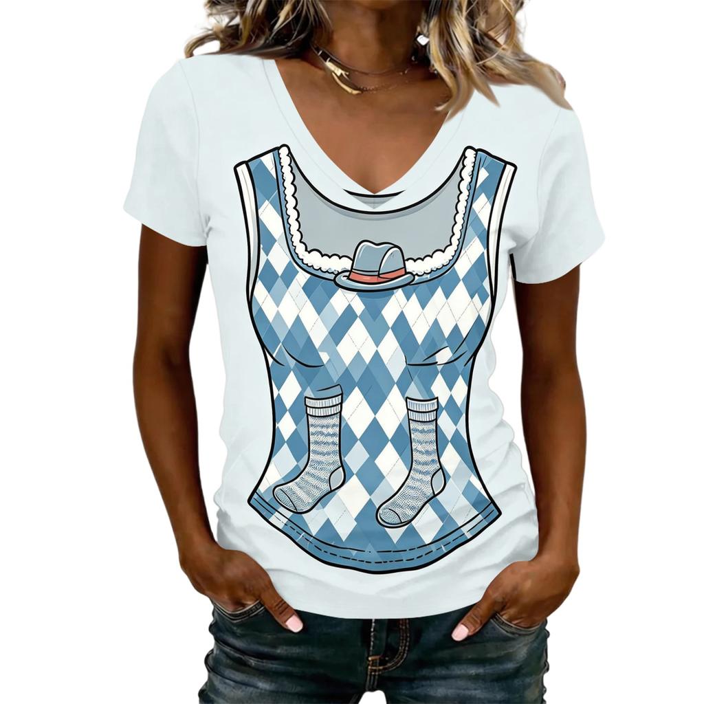 Women's Casual V Neck Short Sleeve T Shirt Oktoberfest Print Top Lightweight Soft Fabric Relaxed Fit Tee for Everyday Wear