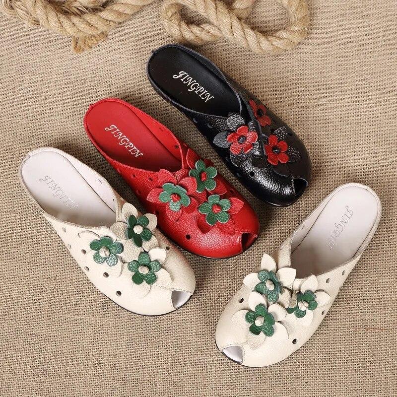 2026 Summer Genuine Leather Shoes Women Sandals Old Beijing Style Flat Shoes Tiny Flowers Shoes Black Red Plus Size 42