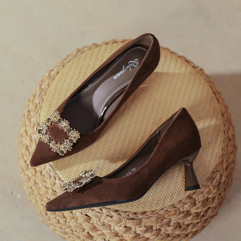 Pointed high heels women's thin heels 2025 new spring and autumn women's shoes rhinestone square buckle suede French small heel light mouth single sho