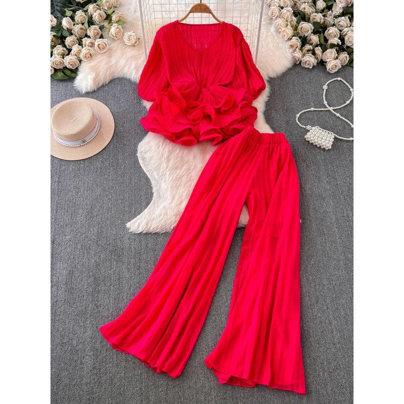 Fancy Adult Lady like Woman Women's Lightly Mature Waist Trimming Ruffles Ruched Puff Sleeve Top High Waist Wide Leg Suit