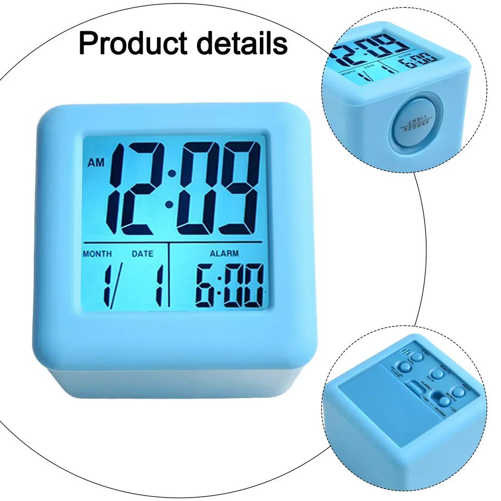 Ceas deșteptător pătrat din silicon, Ceas deșteptător digital LCD, Lumină inteligentă, Dată, Ceas deșteptător, Afișare oră cu funcție snooze, Accesoriu