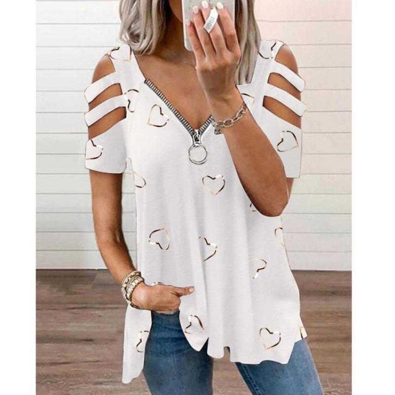 Women's Cold Shoulder Zipper V Neck Heart Print Short Sleeve Loose Fit Tunic Top Casual T Shirt
