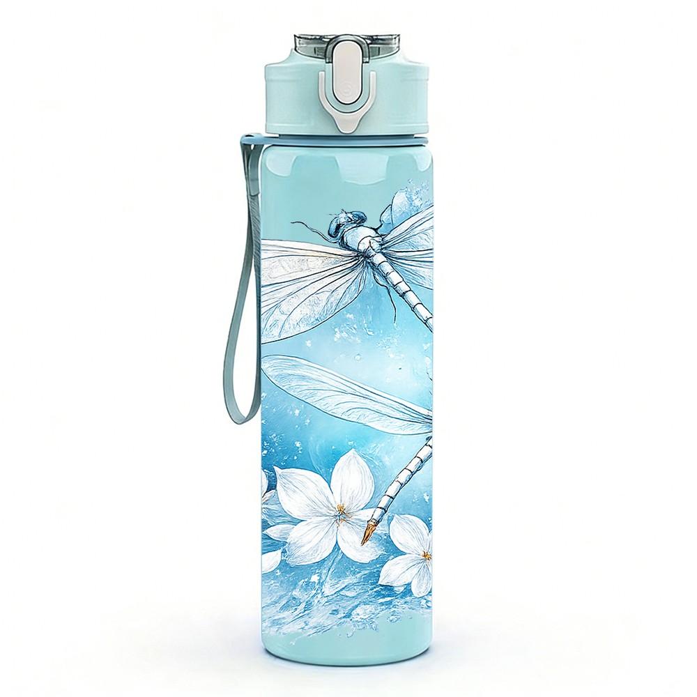 1PC Blue Dragonfly Flower Art Print 750ml Color Plastic Sports Water Bottle Leakproof Flip Straw Lid Suitable for Sports Office Home Use