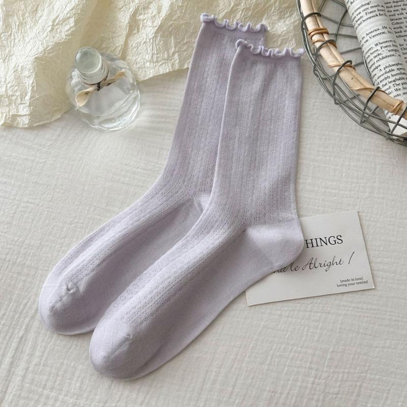 Boneless Socks for Women, Summer Thin Mesh Breathable Pile Socks, Black Fungus Edge Mid-calf Socks, Loose Lace Postpartum Socks for Women