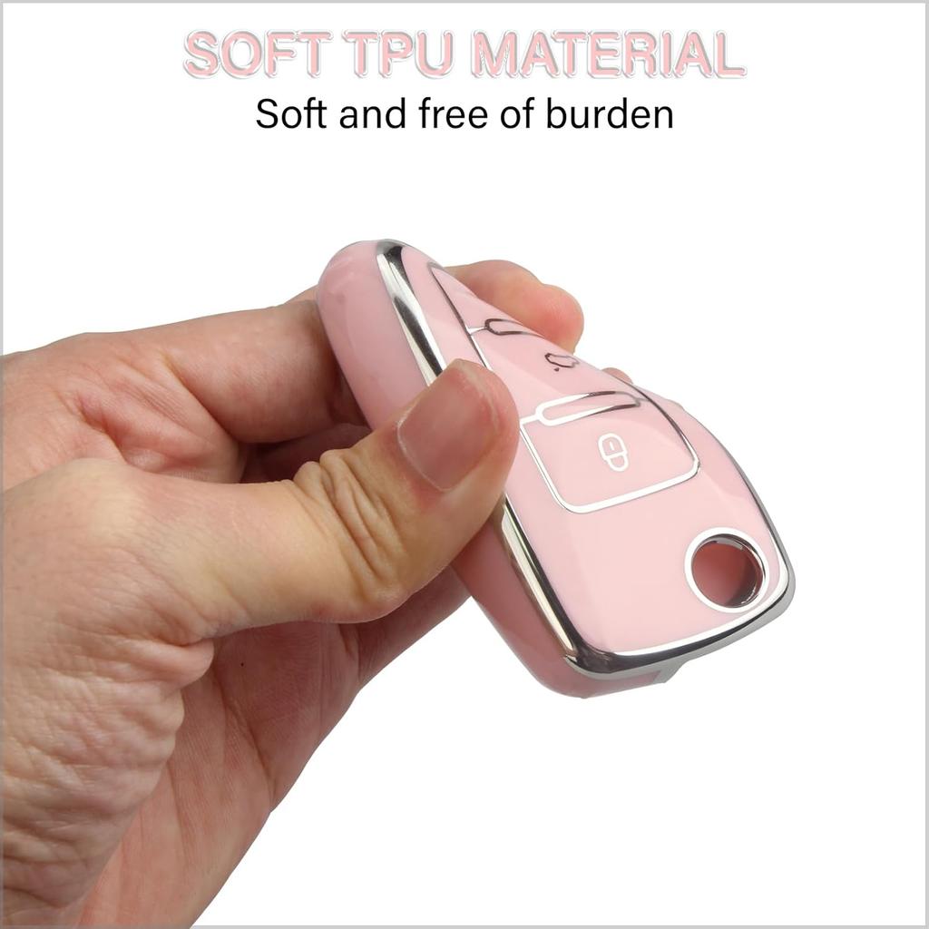 QBUC for VW Key Fob Cover with Keychain Silver Trim Soft TPU Compatible with Volkswagen Jetta Beetle Santana Scirocco Eos Tiguan Touran Polo MK5