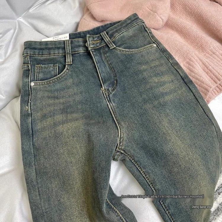 Women's Winter Retro Blue Fleece-Lined High-Waist Straight Leg Jeans - Plus Size, Hip-Covering Versatile Design