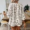 Top da Donna Temperamento Pendolare Cachi Stampa Leopardo Scollo a V Grande Plissettato Maniche a Sette Quarti Camicia