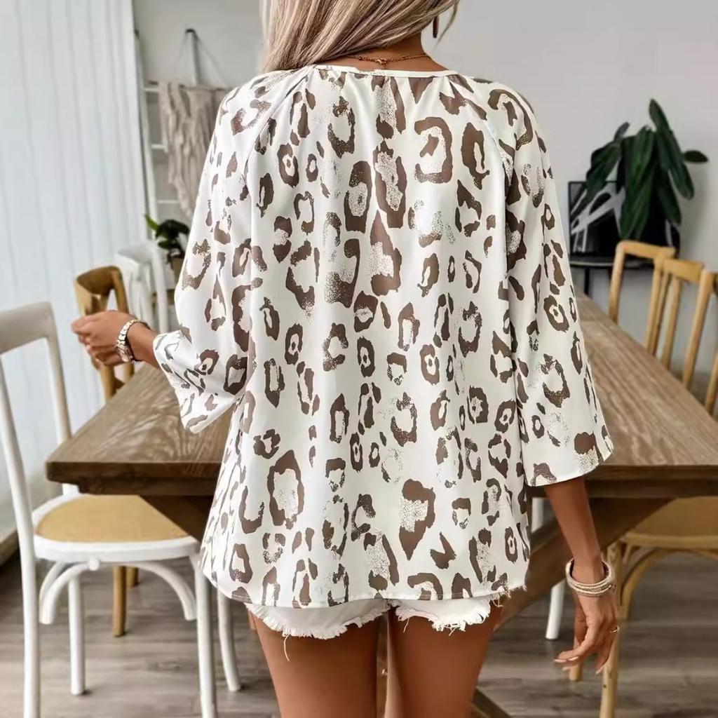 Top da Donna Temperamento Pendolare Cachi Stampa Leopardo Scollo a V Grande Plissettato Maniche a Sette Quarti Camicia