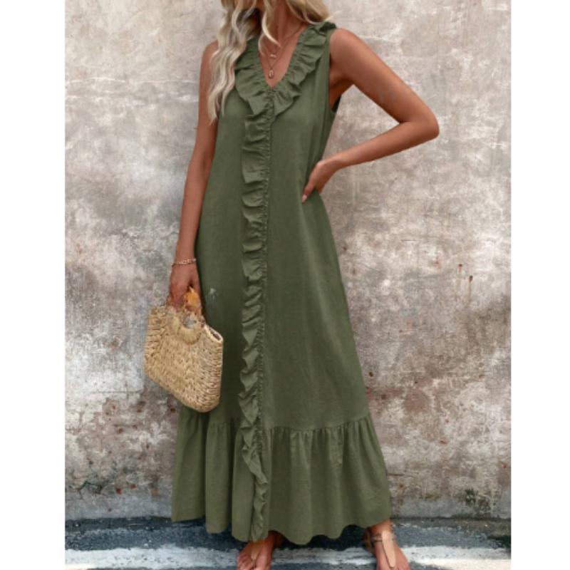 Bohemian Maxikleider Für Damen Im Frühling Und Sommer, Einfarbiges, Ärmelloses, Geräuchertes Langes Kleid Mit V-Ausschnitt Und Plissee