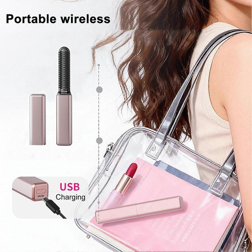 Mini Bangs Straightener Brush Portable Cordless Frizz-Free Hot Comb USB Rechargeable Fast Heating