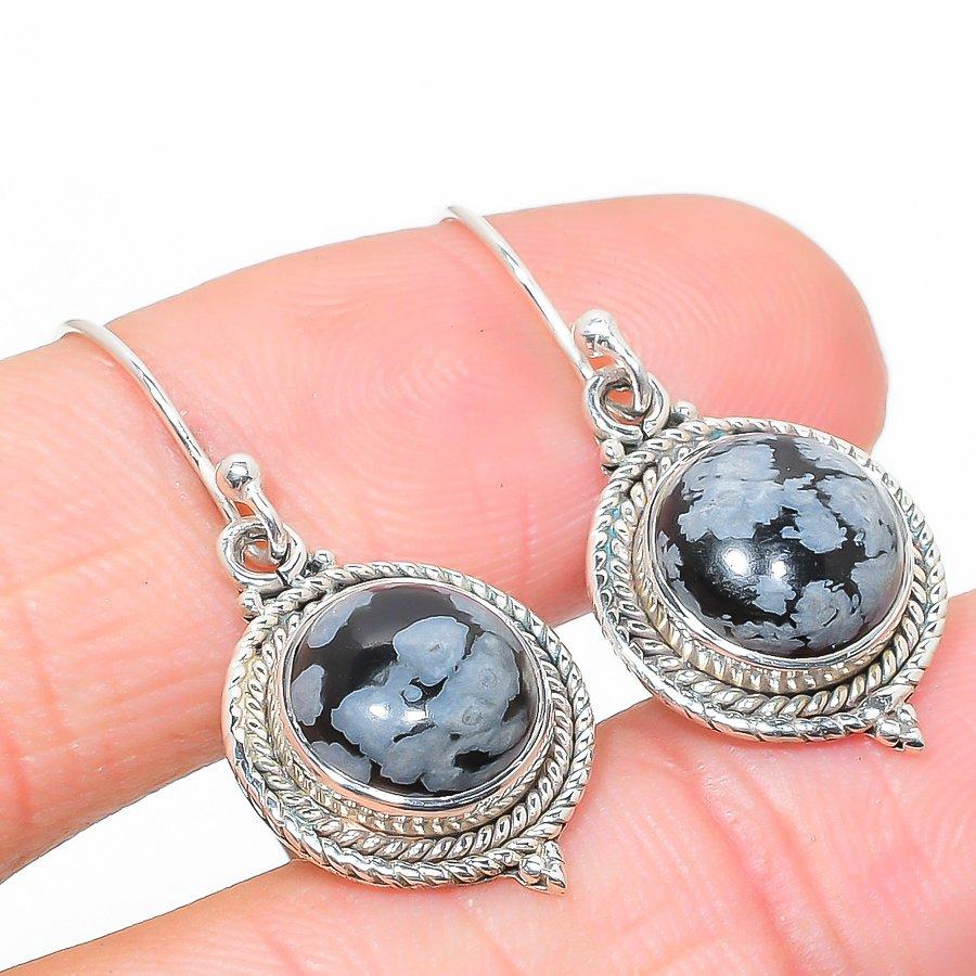 Natural Snowflake Obsidian Gemstone 925 Solid Sterling Silver Earring 1.25" d1P85