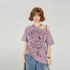 Women's Lavender Purple Off Shoulder T-Shirt Graffiti Print Oversized Loose Fit Short Sleeve Casual Streetwear Top