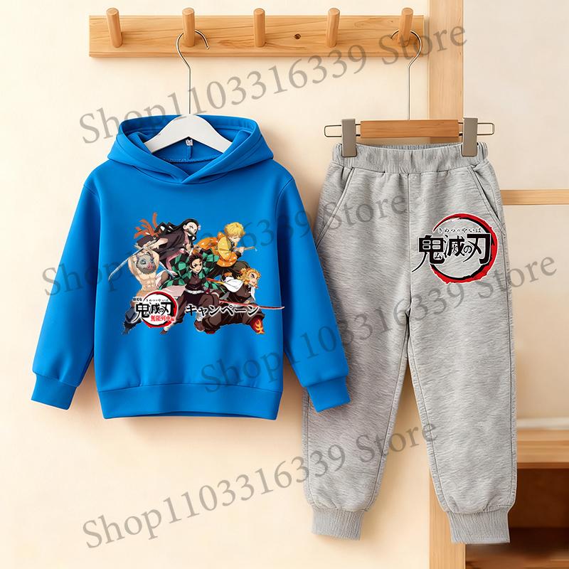 Felpa con Cappuccio e Pantaloni Anime Demon Slayer Set per Bambini Felpa con Cappuccio Giacca Pantaloni Set Ragazzi Ragazze Top Pullover Autunnale Abbigliamento Regalo