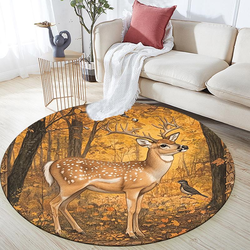 Forest Deer Round Area Rug,Carpet Rug for Living Room Bedroom Sofa Playroom Decor,Non-slip Floor Mat