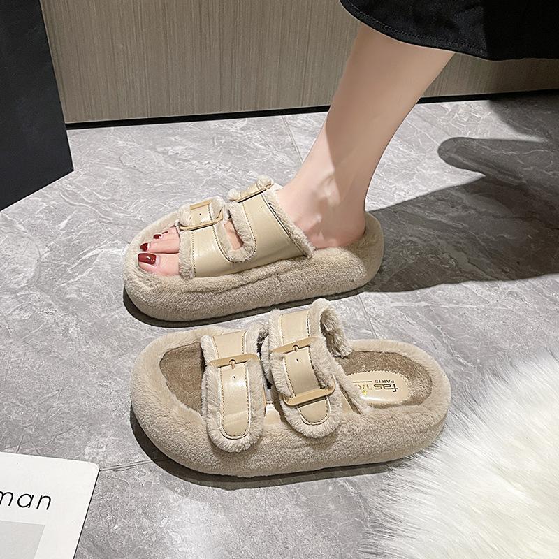 Fashion Korean Belt Buckle Designer Fur Slippers for Women Fashion Casual Autumn Winter Cotton Slippers Shoes Ladies
